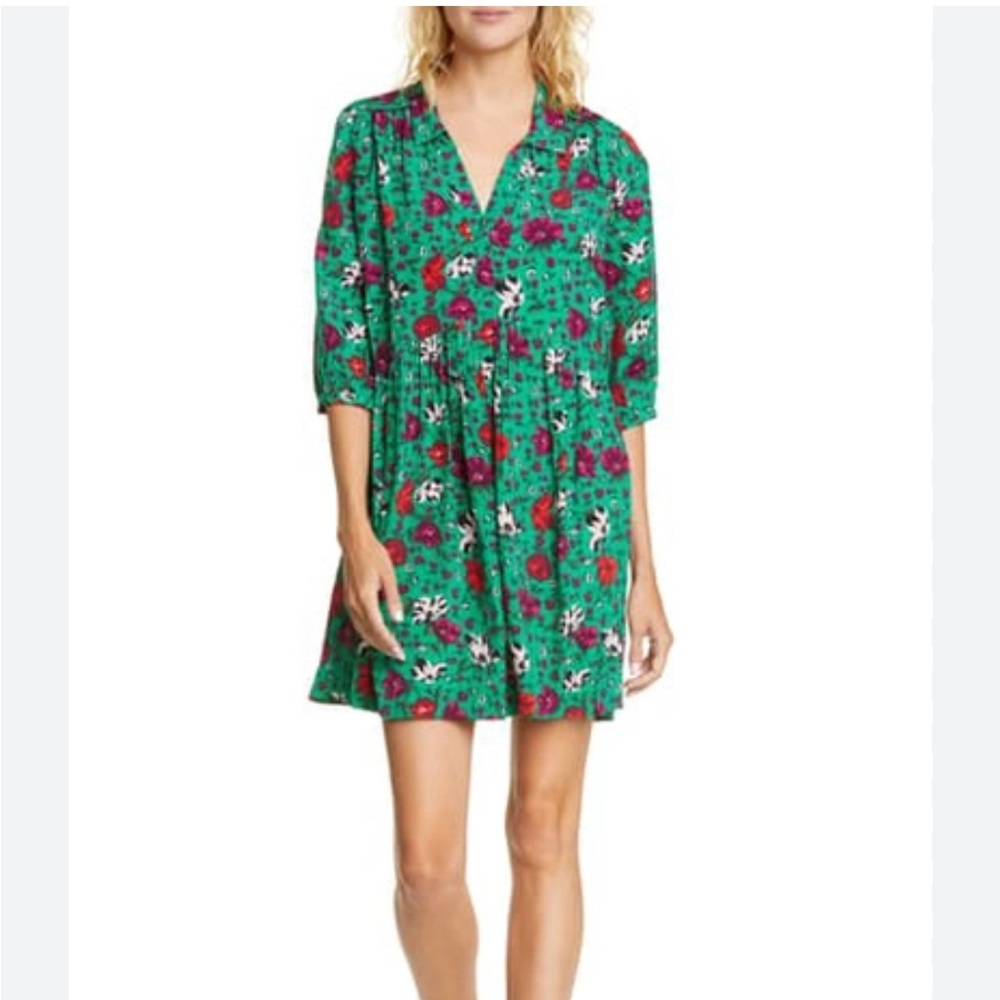 ba&sh Green Dress with Red and White Floral Pattern